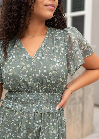 Sage floral dress with a wide elastic waist