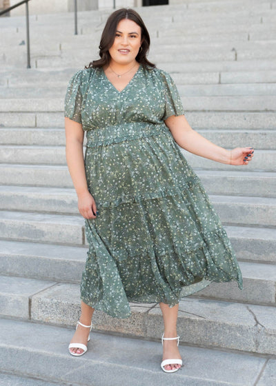 Modest plus size sage floral dress with short sleeves and tiered skirt in plus size