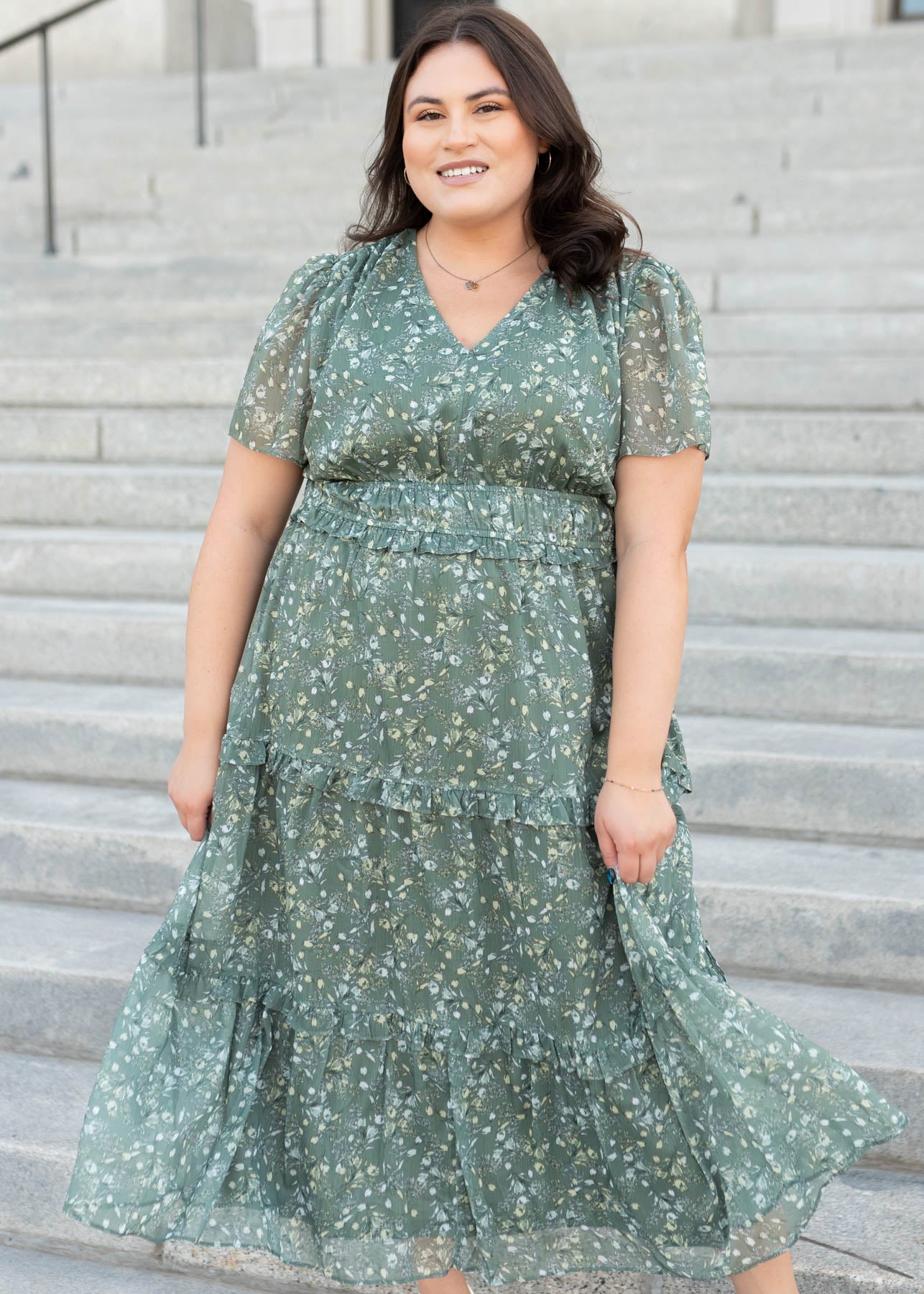 Modest plus size sage floral dress with wide elastic waist