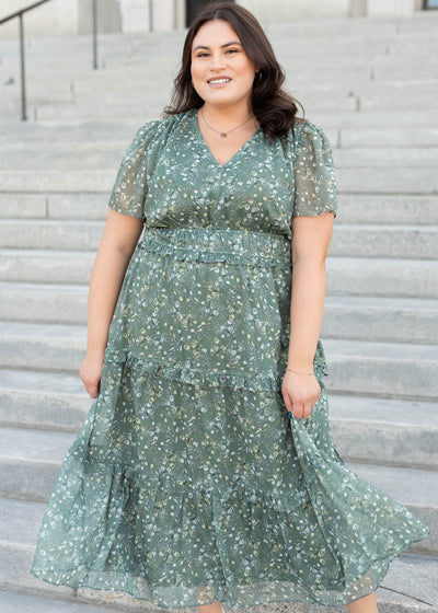 Modest plus size sage floral dress with wide elastic waist
