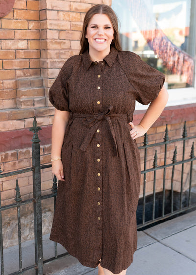Short sleeve modest button up with a tie at the waist brown leopard dress in plus size