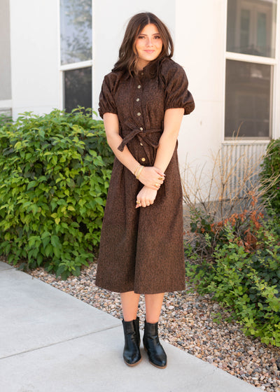 Brown leopard dress with short puff sleeves