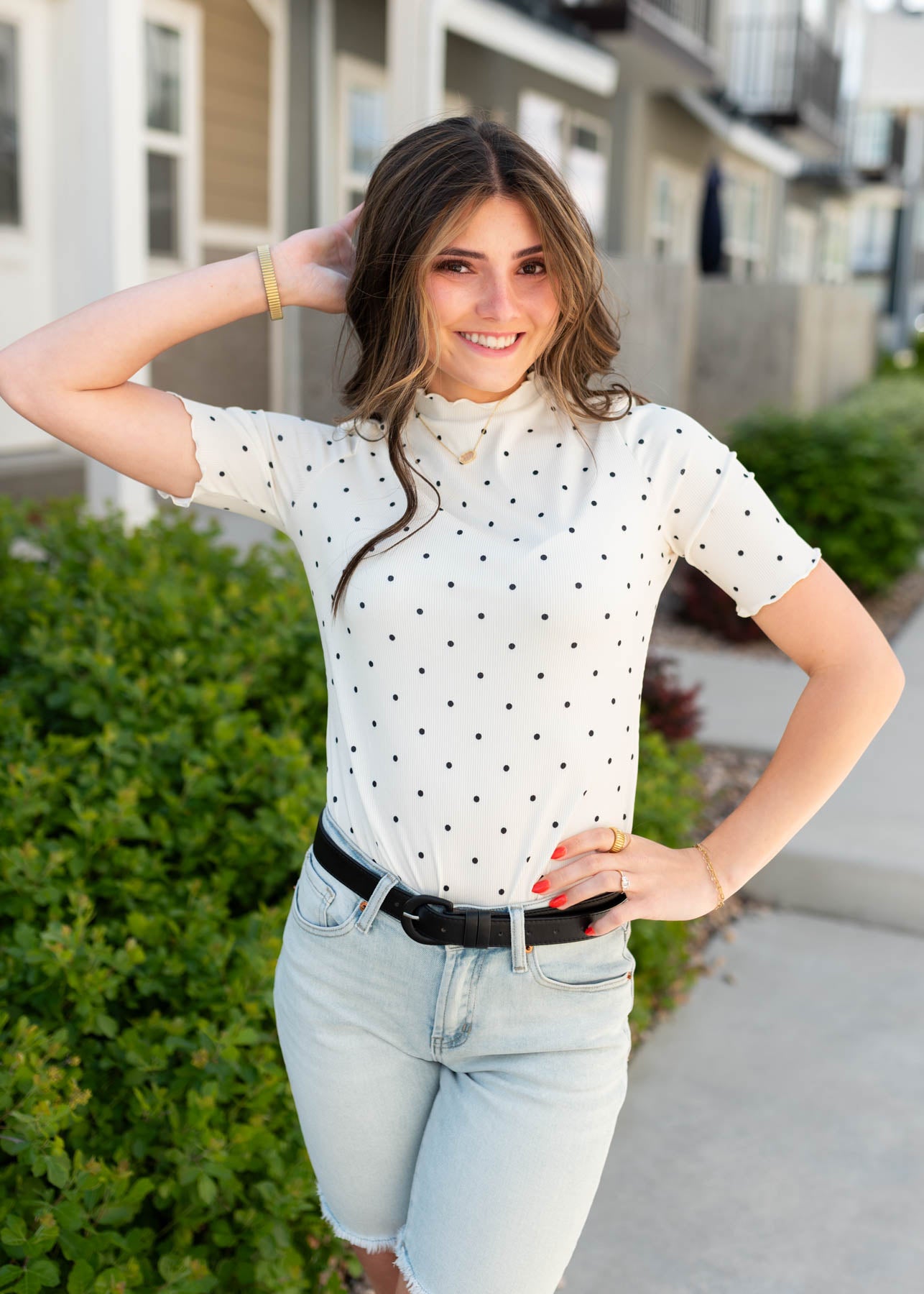 Cream polka dot ribbed top with short sleeves