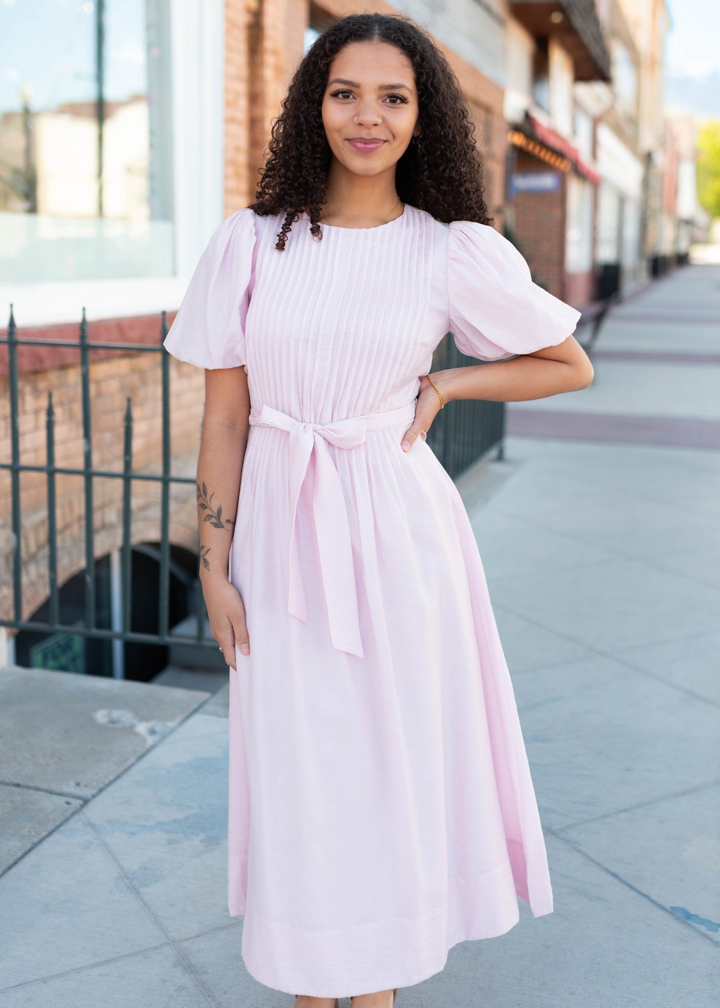 pleated knee length dress Brianna Pink Alloy Apparel Tall Namilla while the fitted top Primary color:Sienna stripes INV-L164607