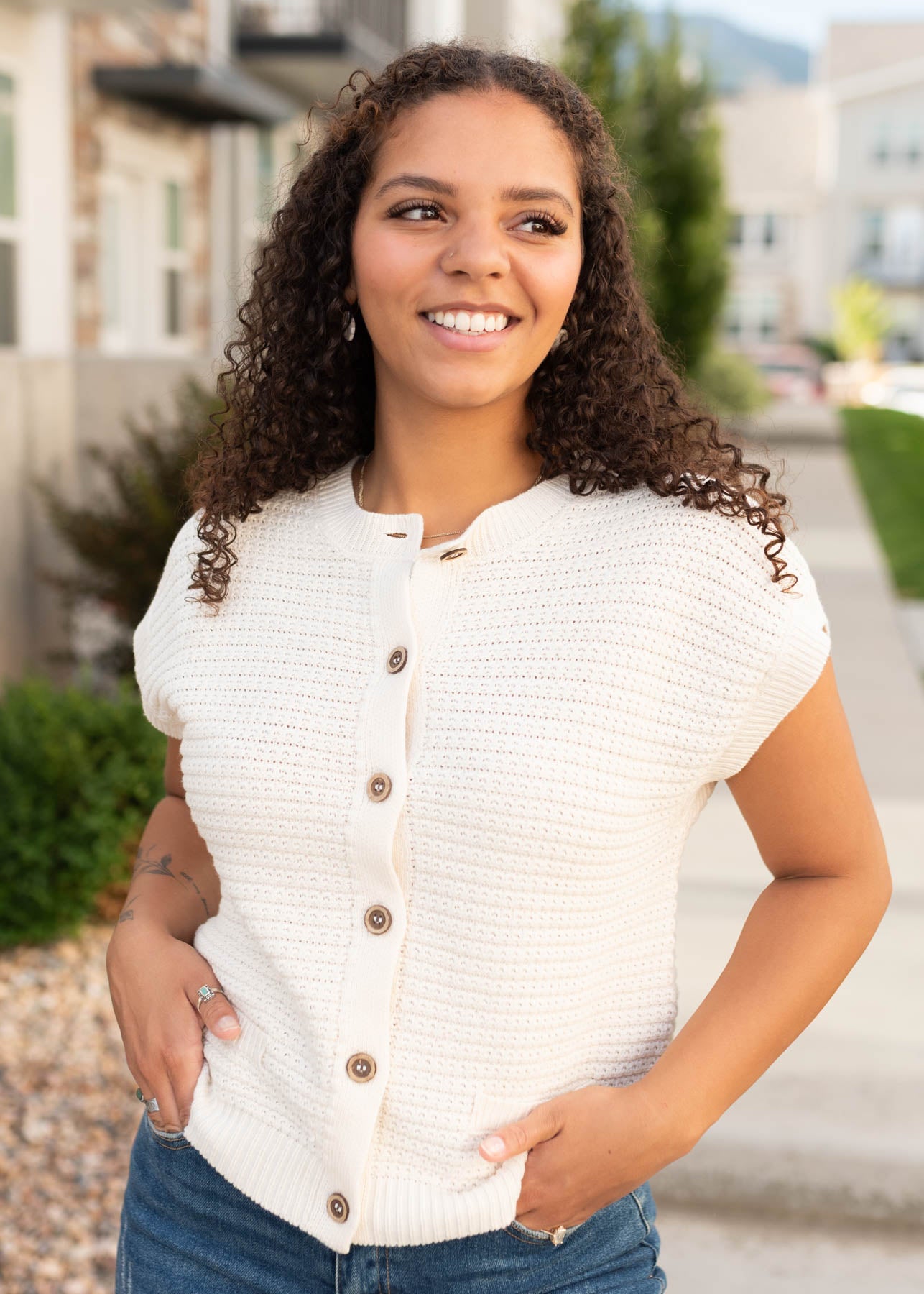 Modest cream button down sweater at Lena Layne