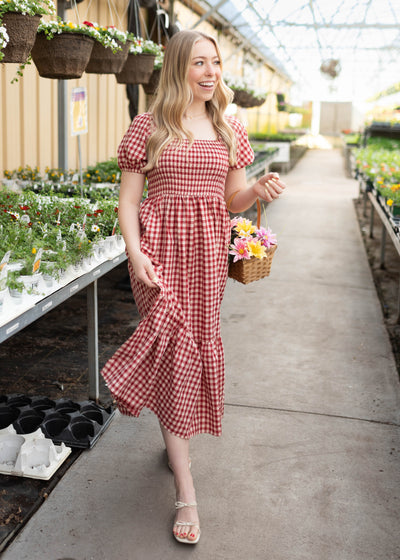 Zara Red Gingham Dress Red Gingham Smocked Short Sleeve Dress CD05375 Medium