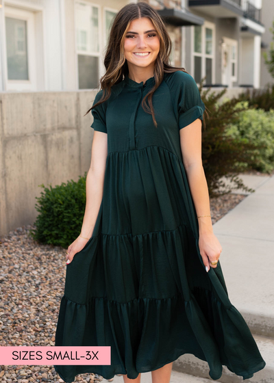 Modest dark green satin dress
