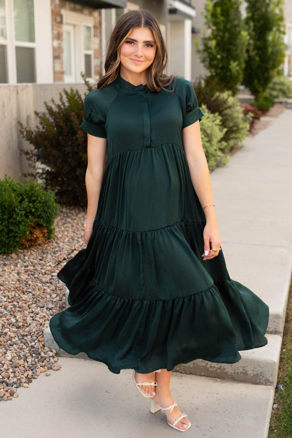 Modest dark green satin dress at Lena Layne with a button up bodice