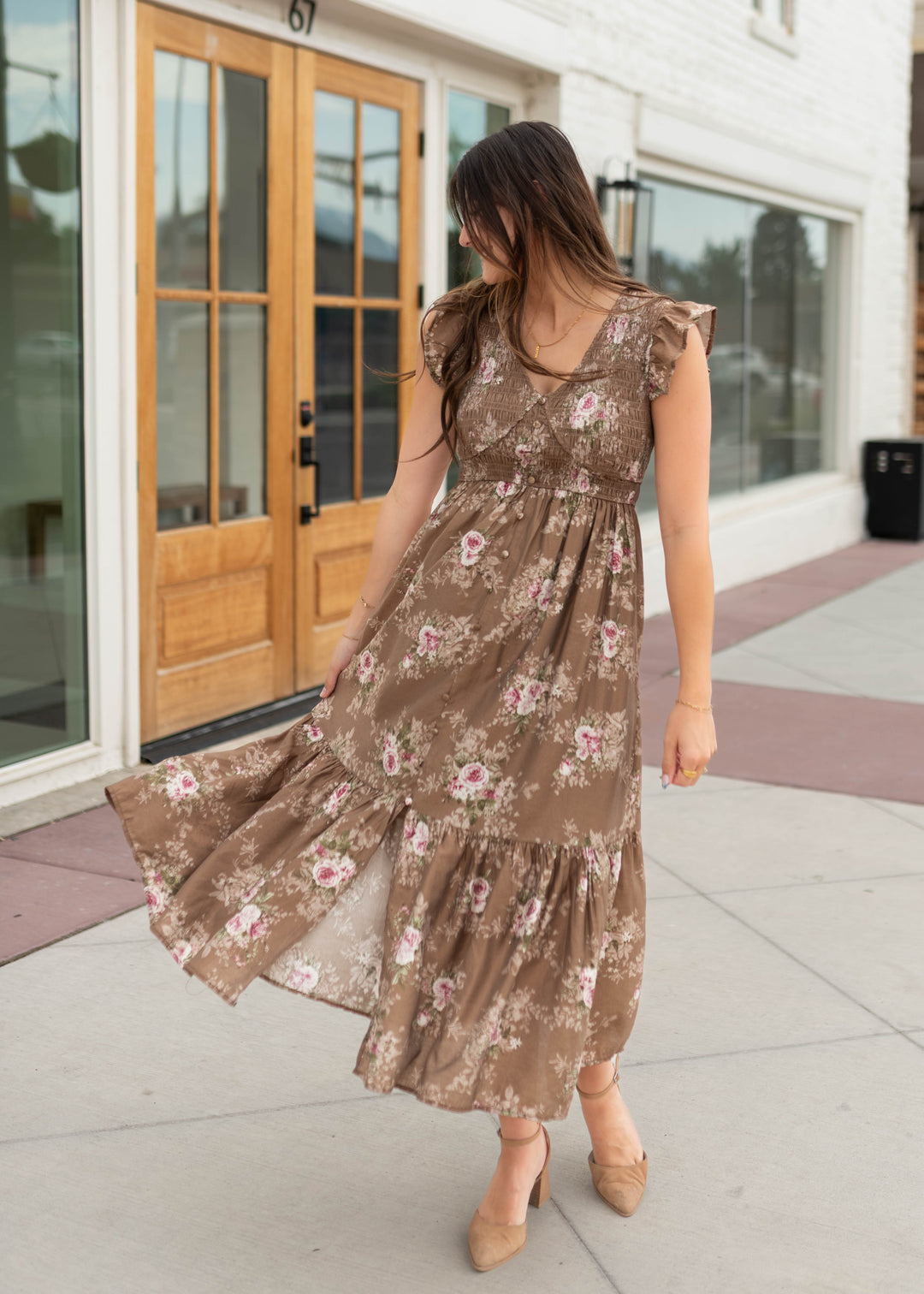 Britney Brown & Blush Floral Smocked Dress