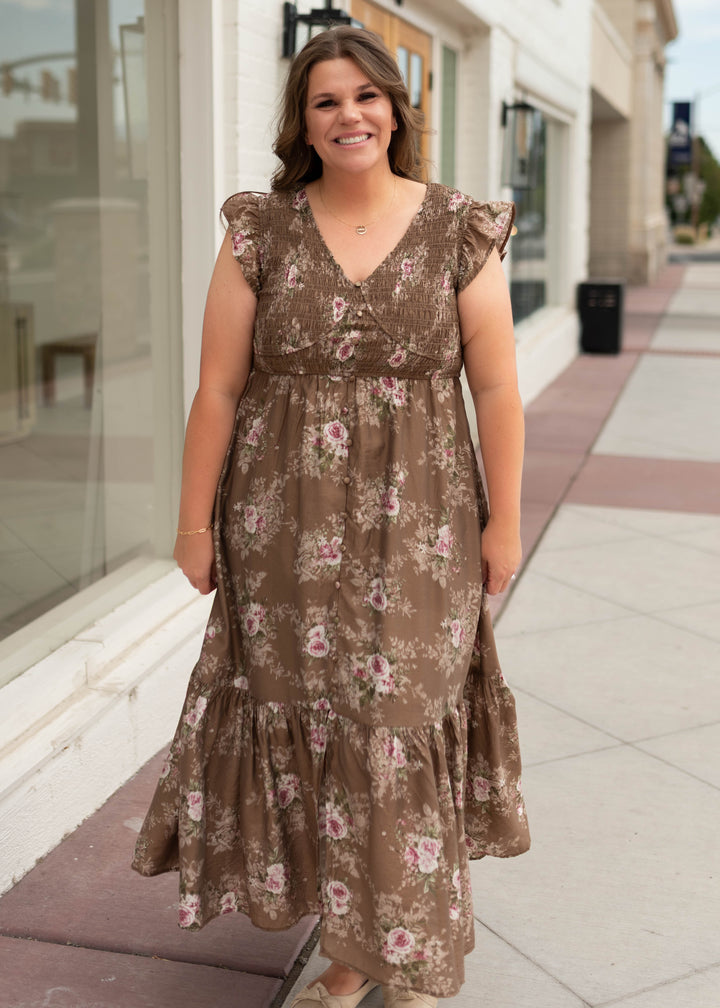 Britney Brown & Blush Floral Smocked Dress – Lena Layne