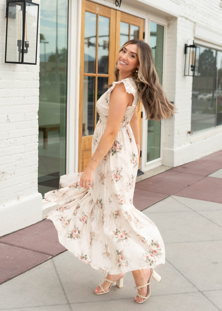 Britney Cream & Blush Floral Smocked Dress | Lena Layne
