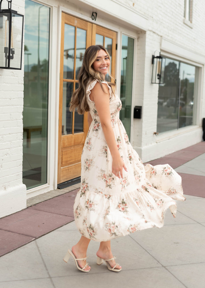 Britney Cream & Blush Floral Smocked Dress | Lena Layne