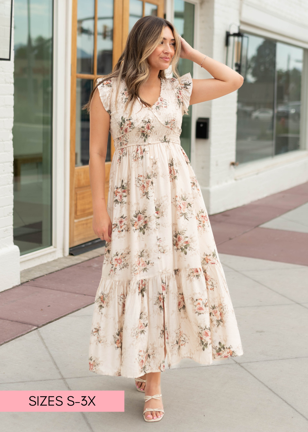 Britney Cream & Blush Floral Smocked Dress | Lena Layne