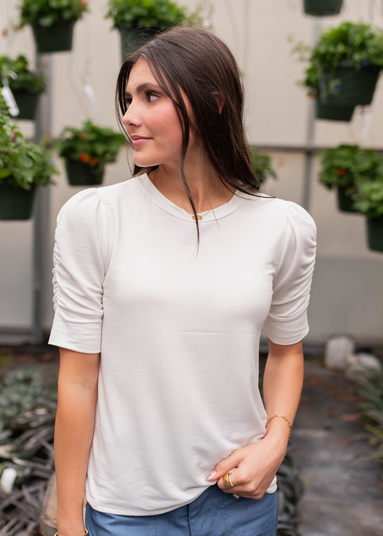 Short sleeve ivory ruffle sleeve top