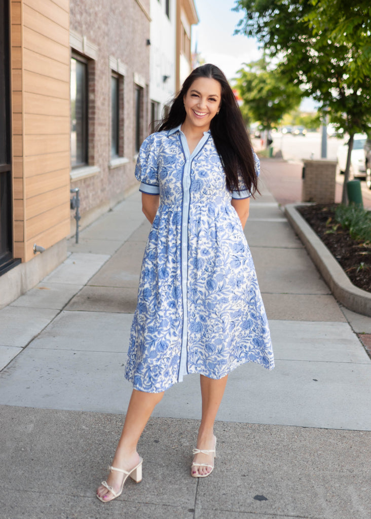 Brooklyn Blue Floral Collared Midi Dress - Button Front, Puff Sleeves &  Pockets