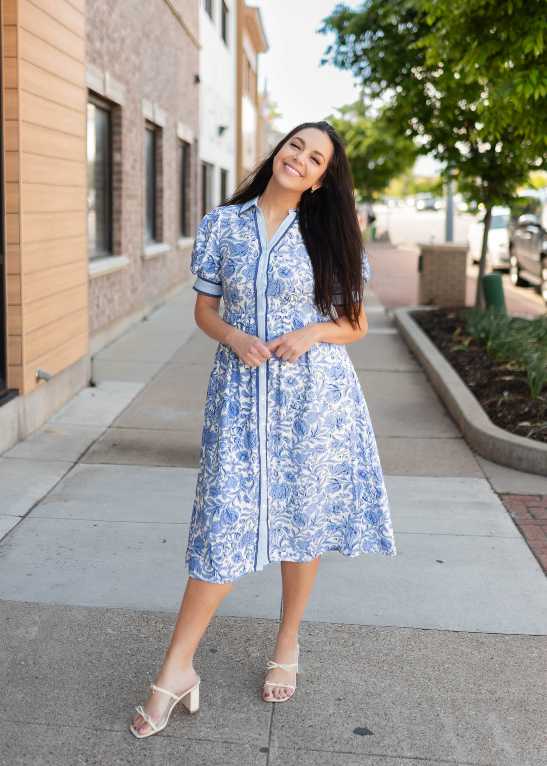 blue lunch lady dress Brooklyn Floral Collared Midi - Button Front, Puff Sleeves & Pockets price-$700 - $800