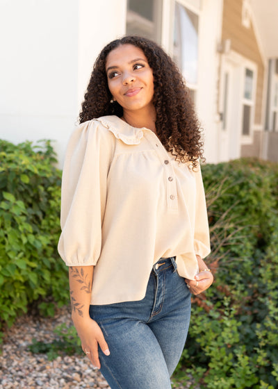 Modest short sleeve natural collared top with partial button up and short sleeves