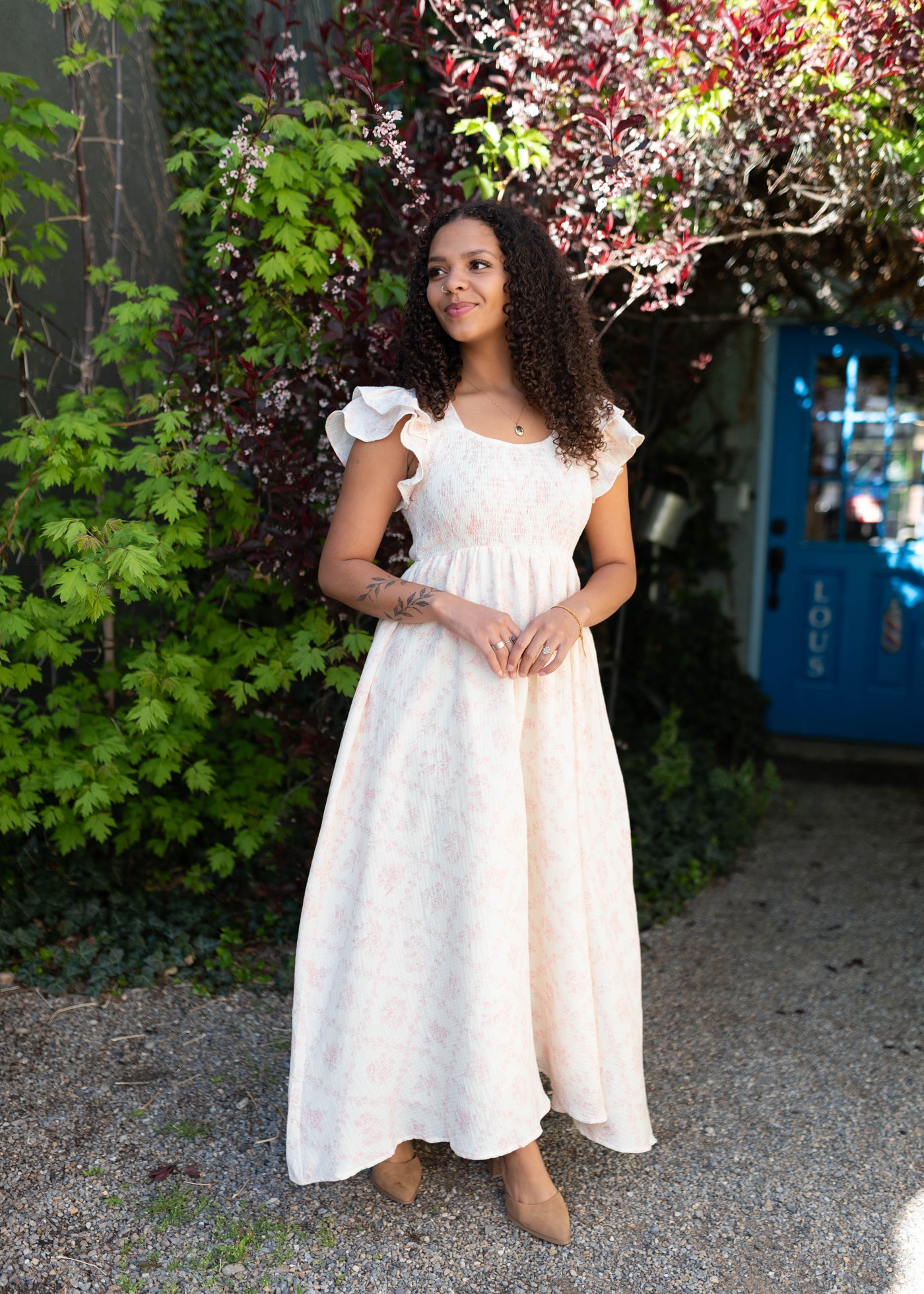 Callie Pink Floral Smocked Maxi Dress - Sweetheart Neck & Flutter
