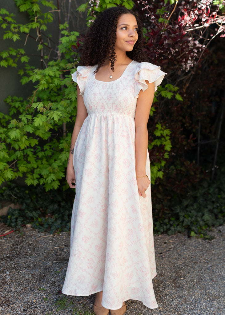 Callie Pink Floral Smocked Maxi Dress - Sweetheart Neck & Flutter