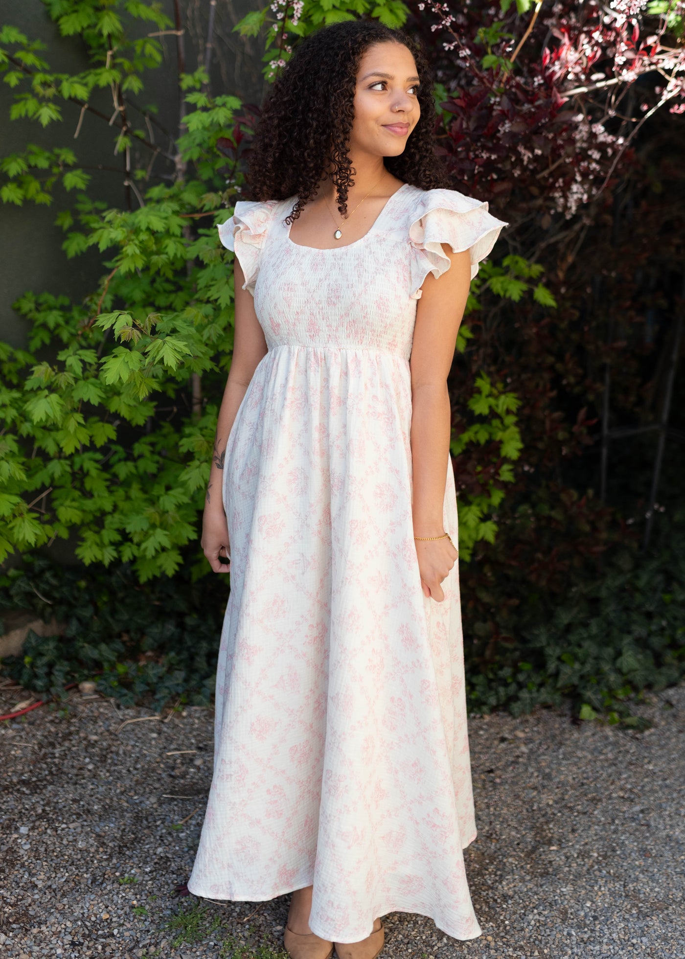 Callie Pink Floral Smocked Maxi Dress - Sweetheart Neck & Flutter