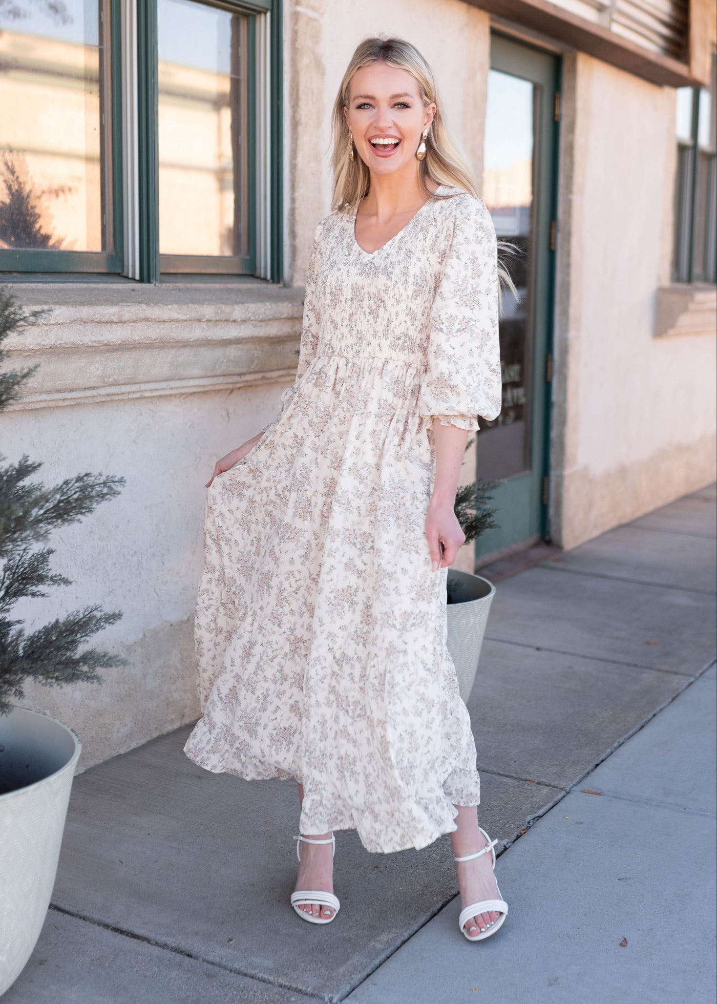 Modest Lena & Lou ivory floral dress with smocked bodice