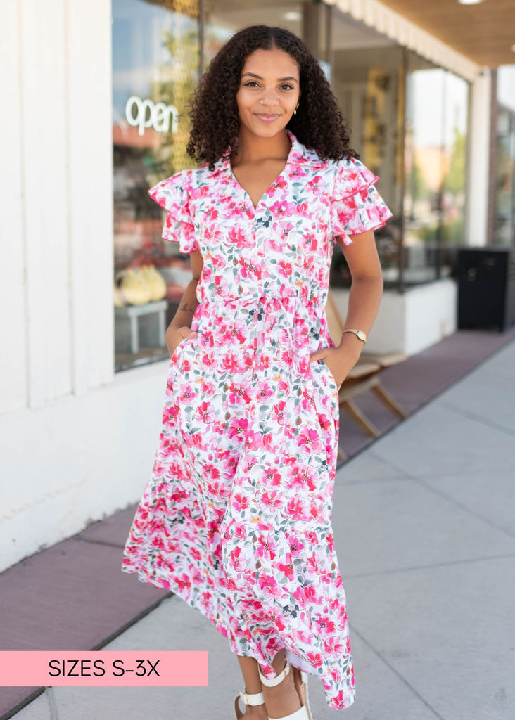 Camilla Pink Floral Midi Dress - Collared V-Neckline, Flutter