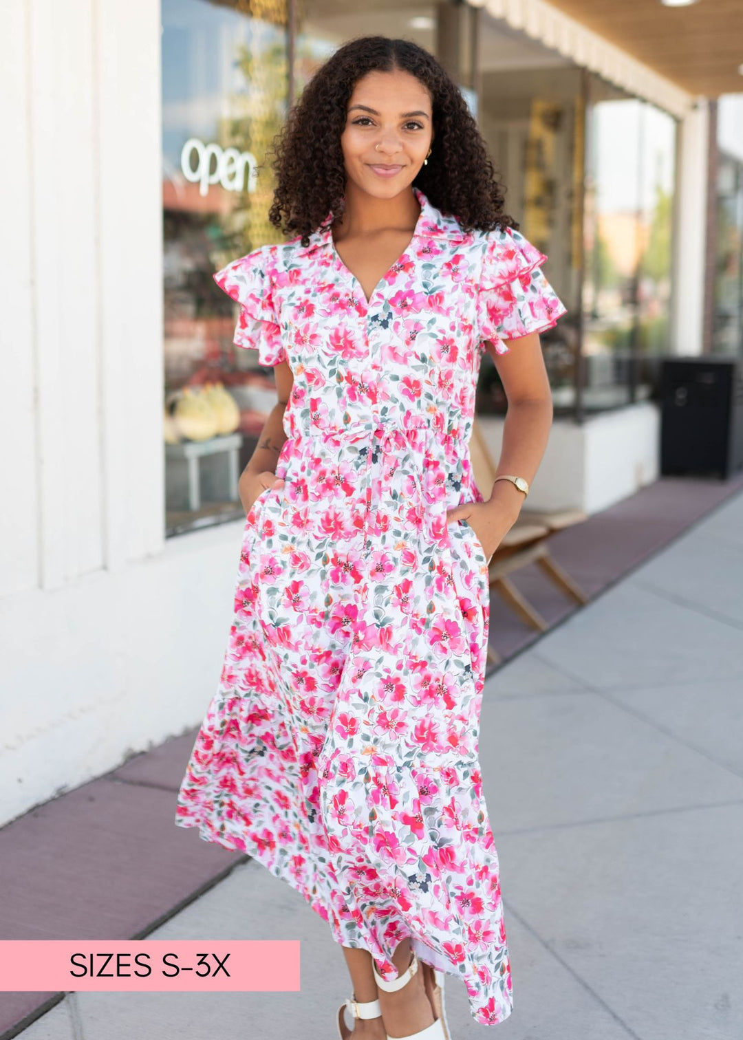 Camilla Pink Floral Midi Dress - Collared V-Neckline, Flutter