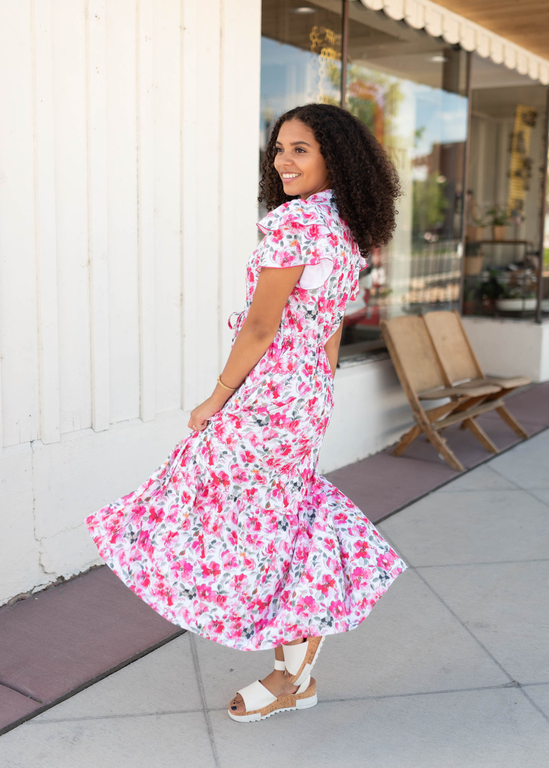 pink floral midi dress with sleeves Camilla - Collared V-Neckline, Flutter Sleeves, Waist Tie & Pockets filter_size|40 Pink Floral 3/4 Sleeve Cute Formal Dress - Color:Autumn Cheer