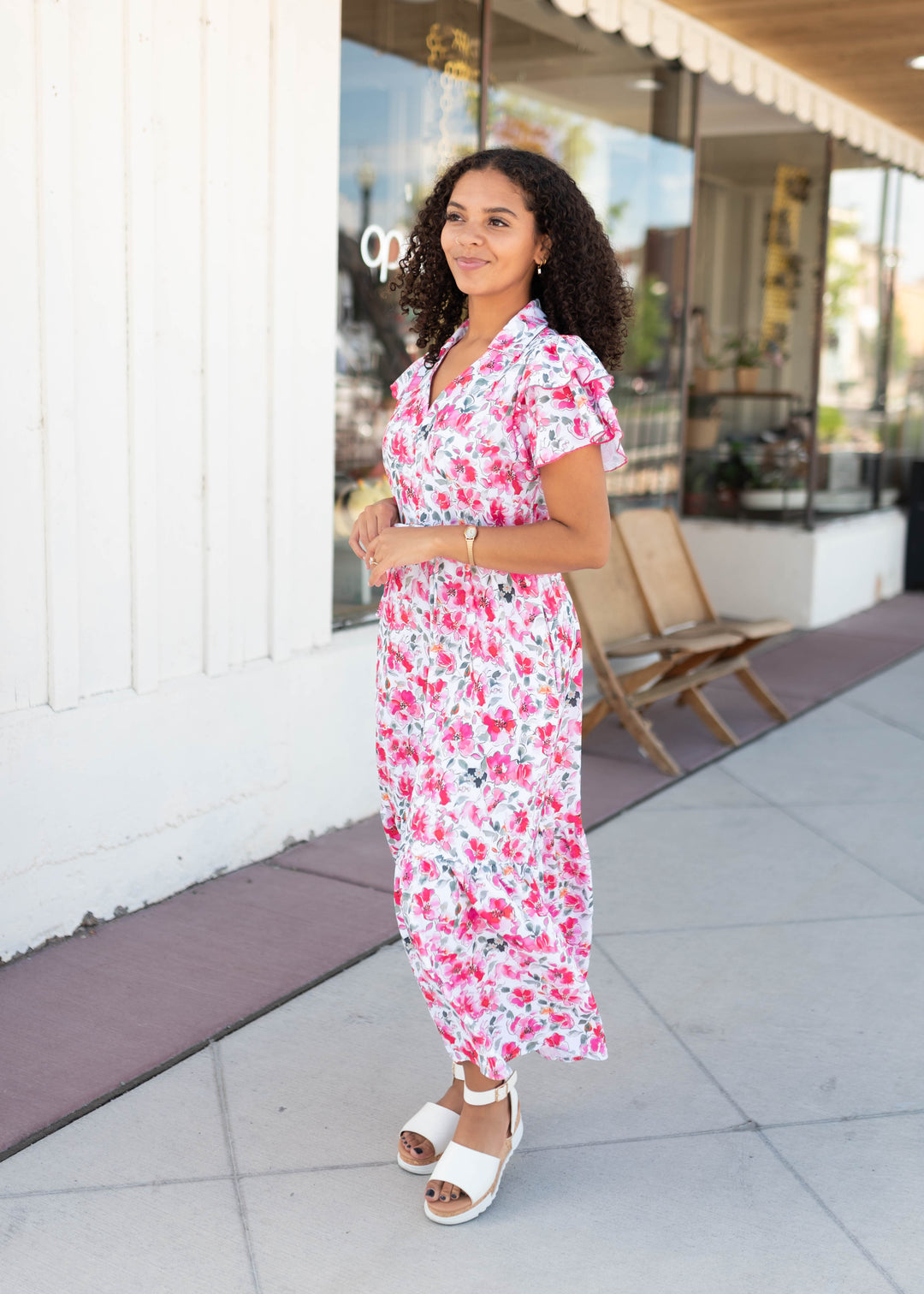 Camilla Pink Floral Midi Dress - Collared V-Neckline, Flutter