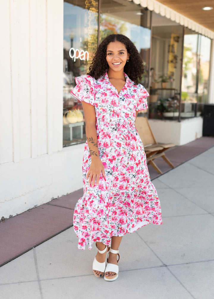 Camilla Pink Floral Midi Dress - Collared V-Neckline, Flutter