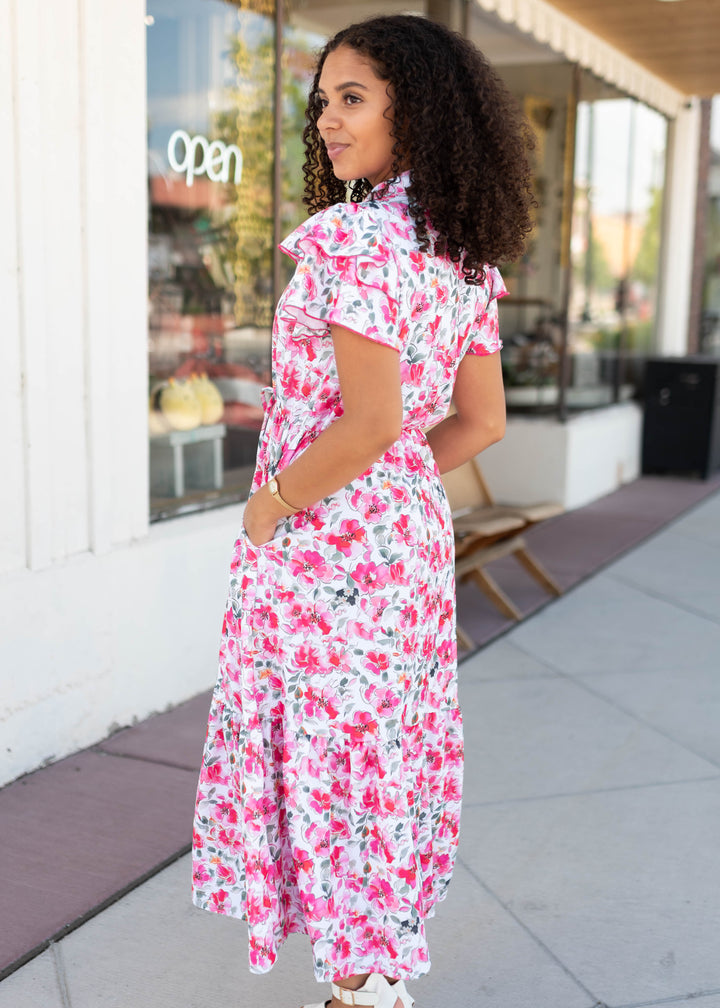 camilla pink dress Floral Midi - Collared V-Neckline, Flutter Sleeves, Waist Tie & Pockets and rhythmic ruffles from Color:Rosette Beaded Lace Prom Dresses category_dressers