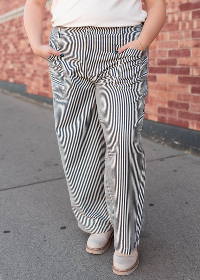 Wide leg plus size navy pinstripe pants