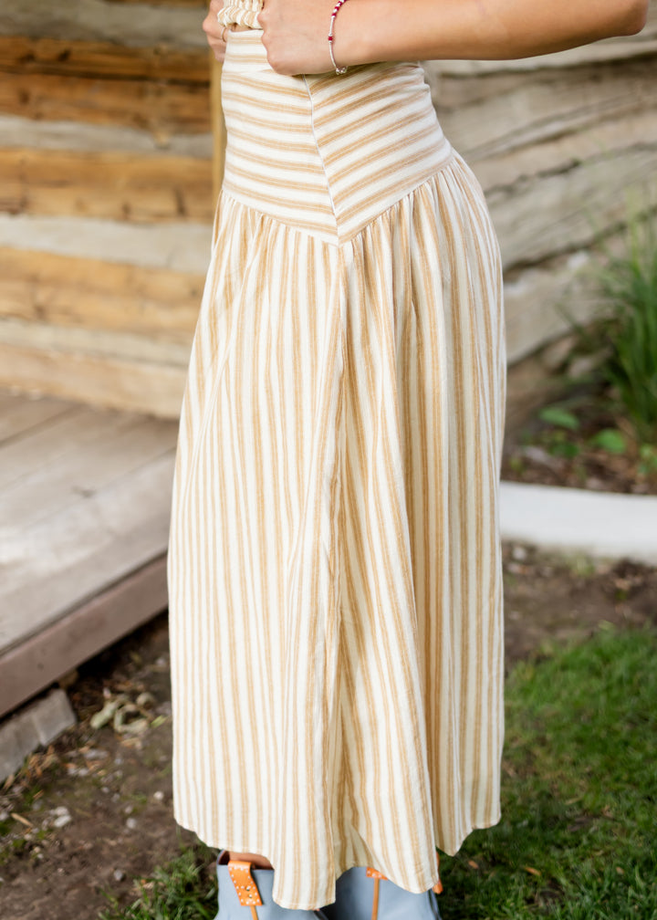 Candace Deep Taupe & Oatmeal Striped Midi Skirt | Lena Layne