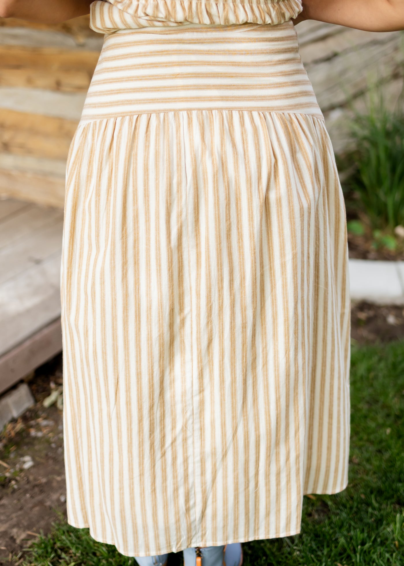 Candace Deep Taupe & Oatmeal Striped Midi Skirt | Lena Layne