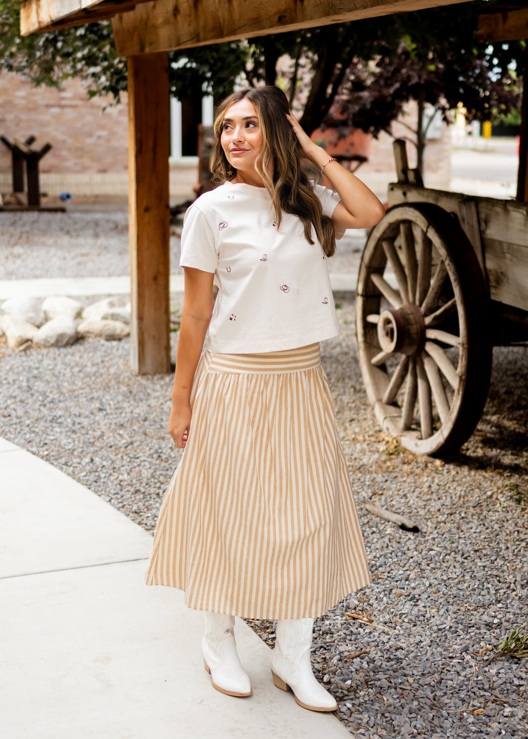 Candace Deep Taupe & Oatmeal Striped Midi Skirt | Lena Layne