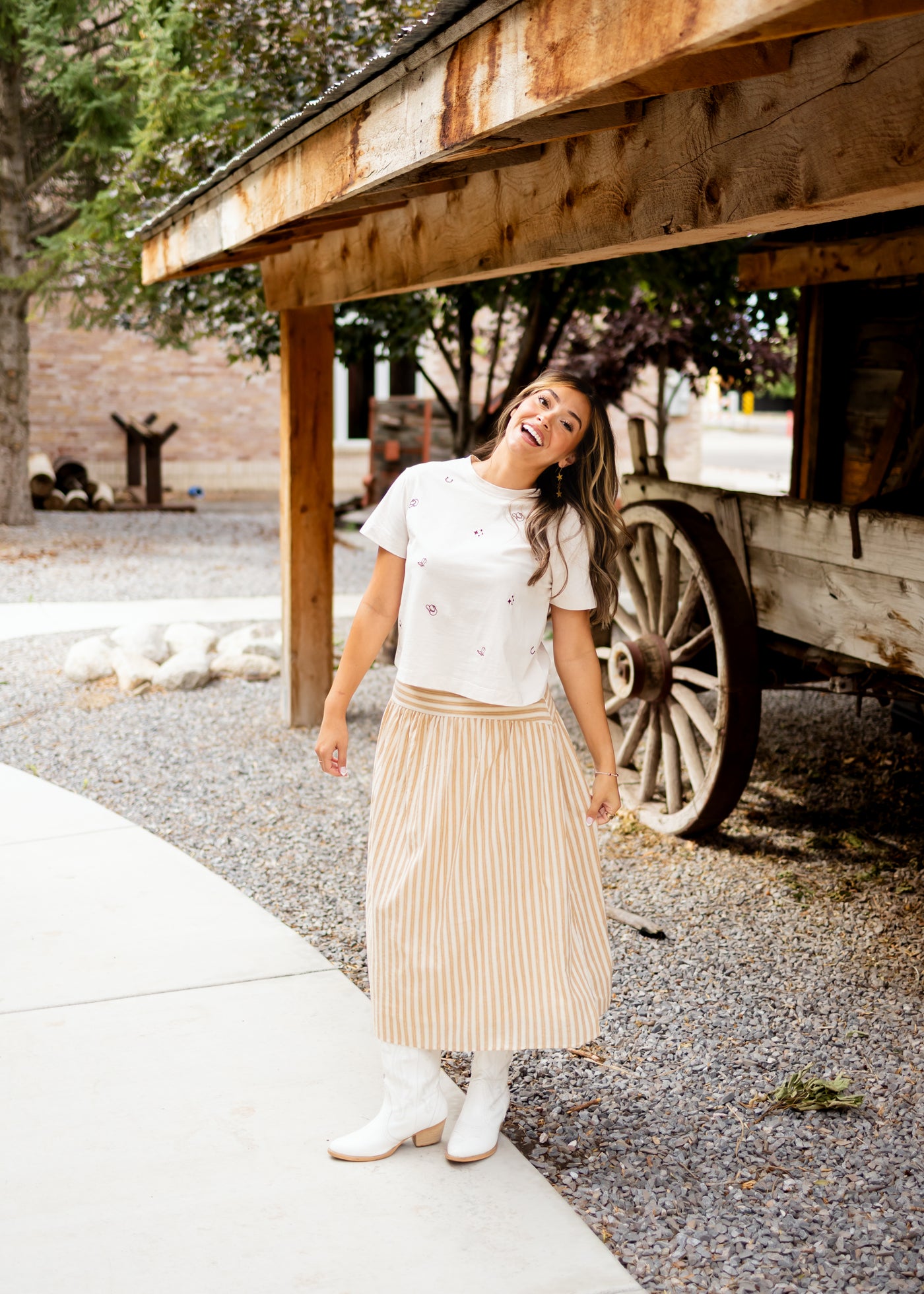 Candace Deep Taupe & Oatmeal Striped Midi Skirt | Lena Layne