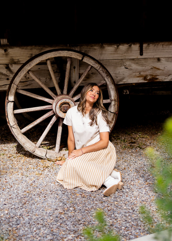 Candace Deep Taupe & Oatmeal Striped Midi Skirt | Lena Layne