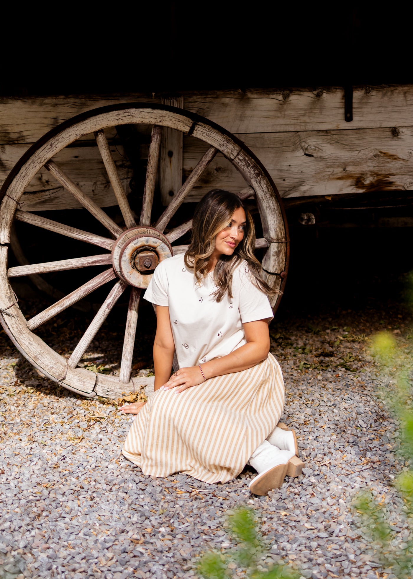 Candace Deep Taupe & Oatmeal Striped Midi Skirt | Lena Layne