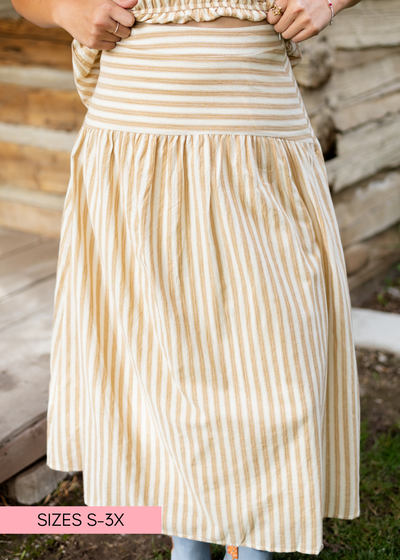Candace Deep Taupe & Oatmeal Striped Midi Skirt | Lena Layne