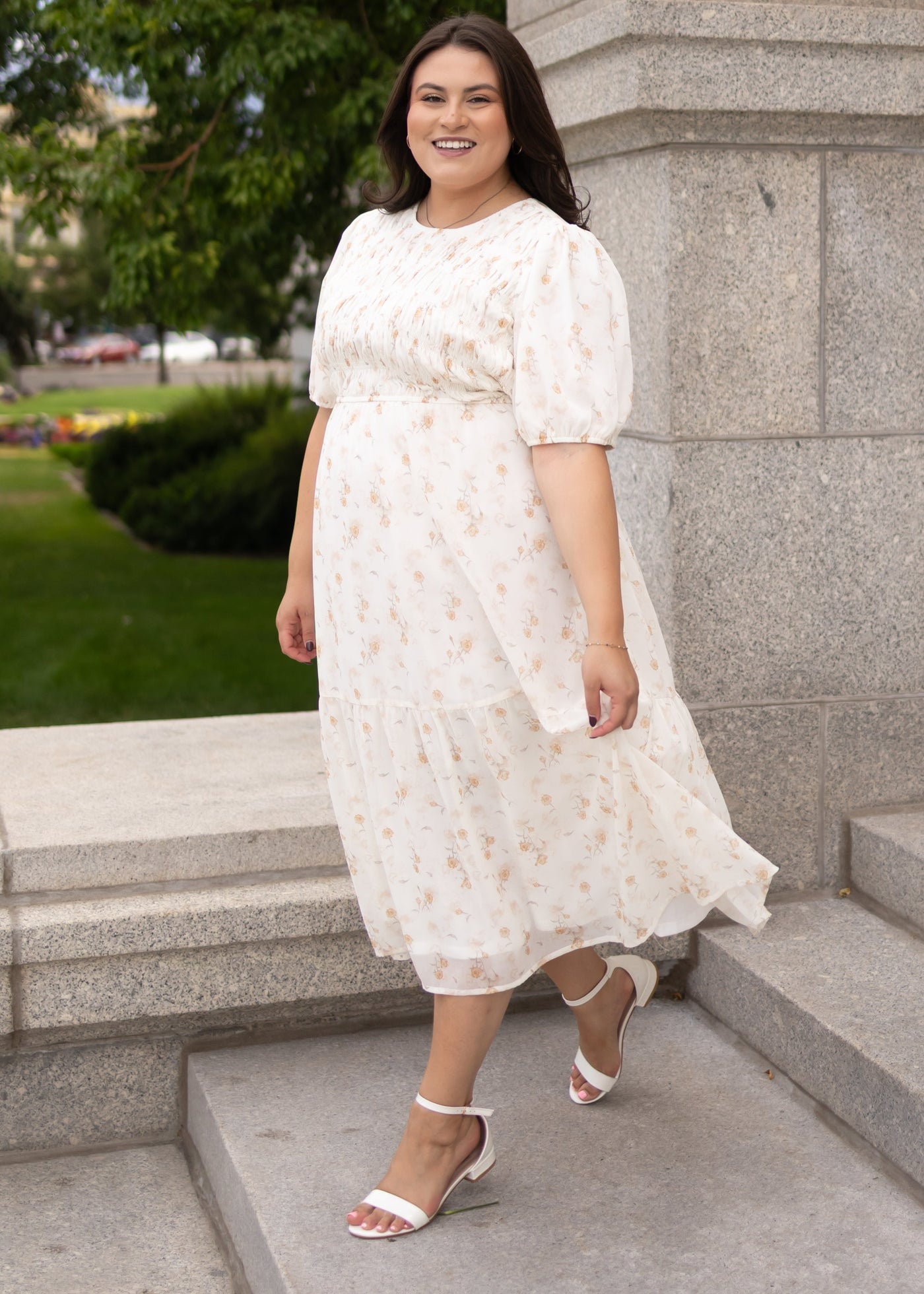 Short sleeve modest cream floral smocked dress in plus size