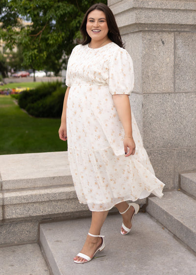 Short sleeve modest cream floral smocked dress in plus size