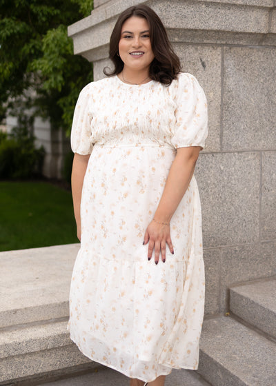 Modest cream floral smocked dress in plus size