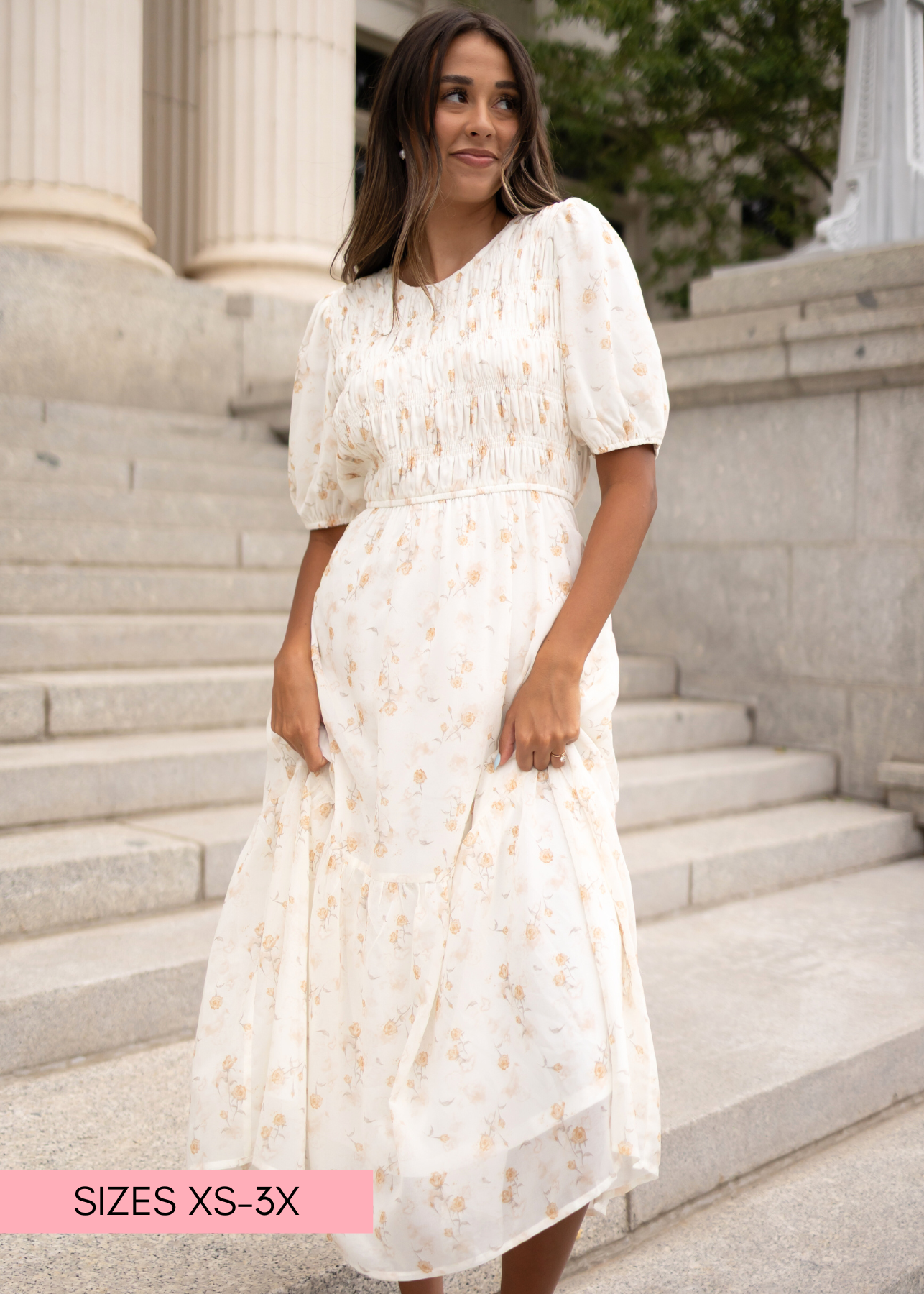 Cream floral smocked dress