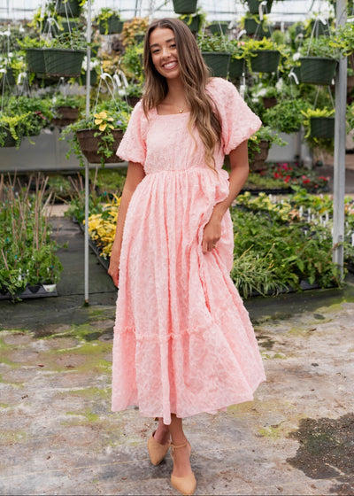 Pink floral textured dress with puff sleeves