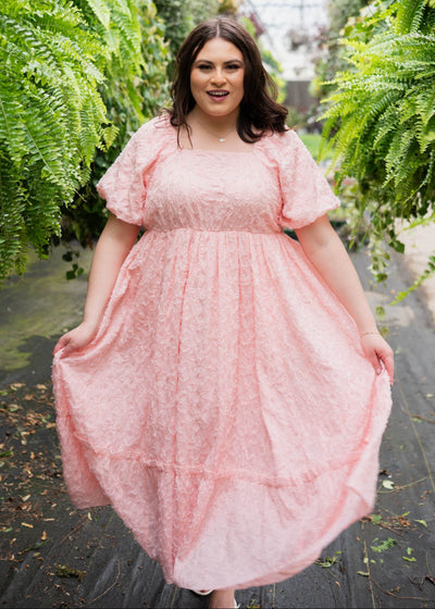 HIgh waisted pink floral textured dress