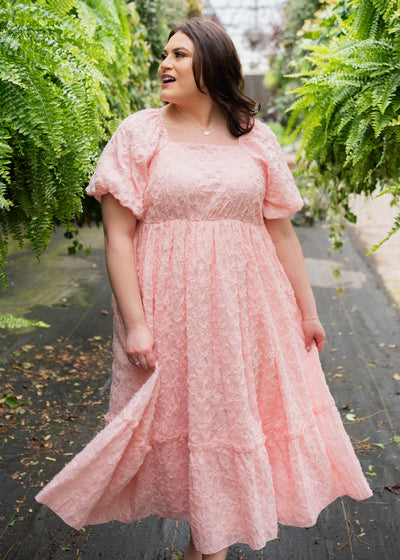 Pink floral textured dress in plus size