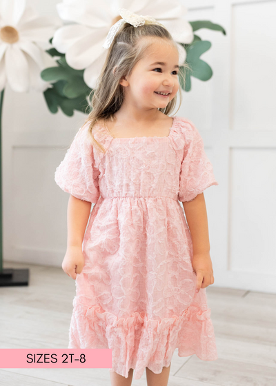 Pink floral textured little girl dress with square neck