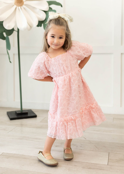 Pink floral textured little girl dress