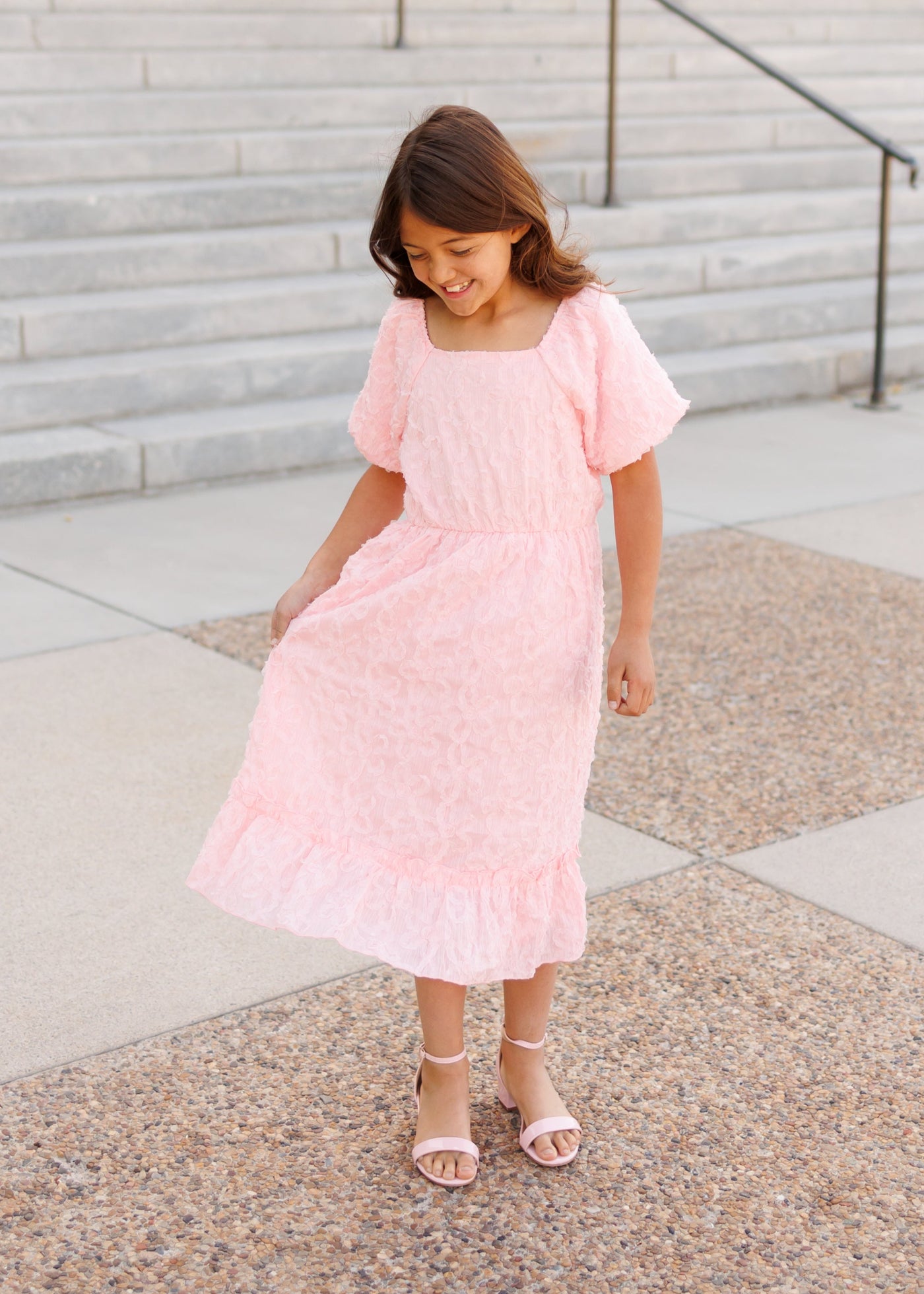 Shot sleeve pink floral textured little girl dress
