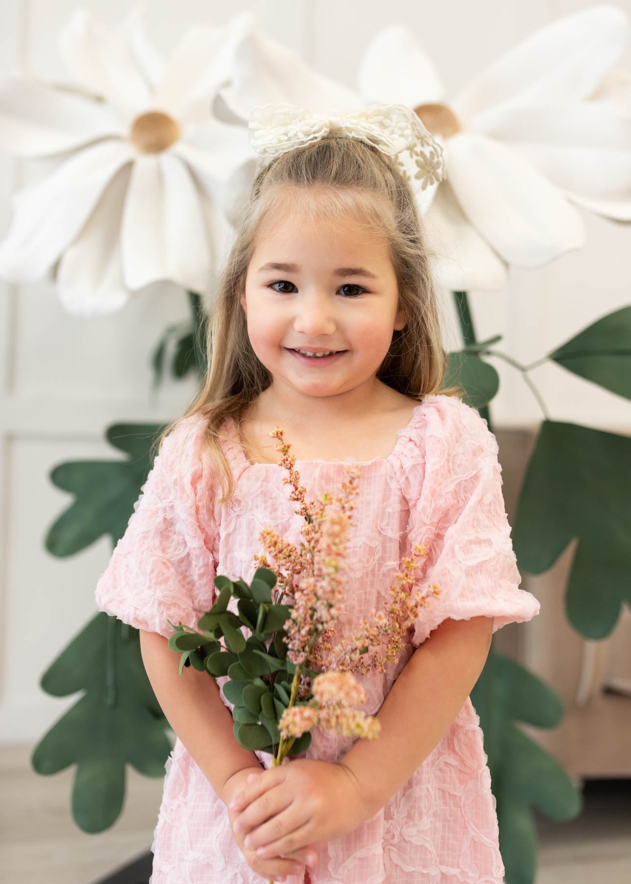 Little girl pink floral textured little girl dress
